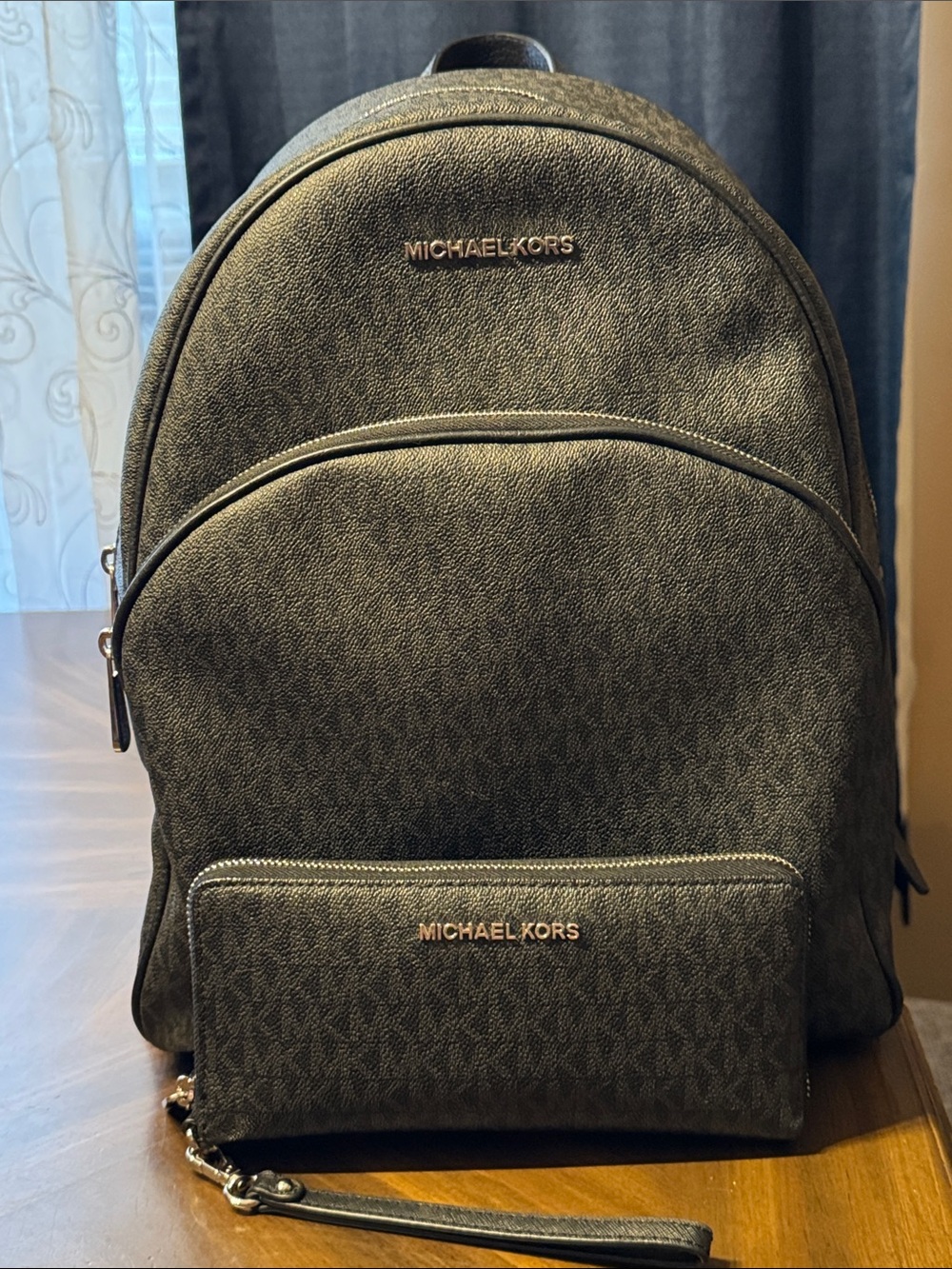 Michael Kors Black Signature Backpack Purse & Matching Wallet Set